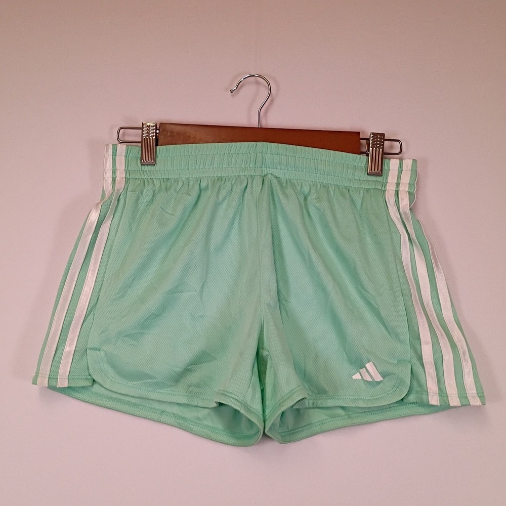Sporty Adidas Girls XL Mint Green 3-Stripe Mesh Athletic Shorts AH4382